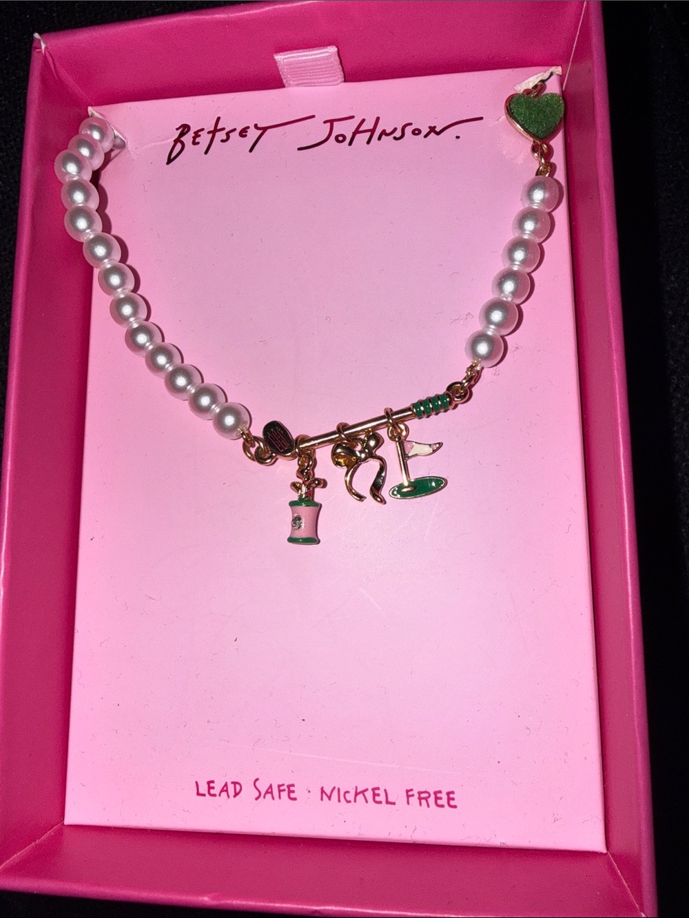 Betsey Johnson White Pearl Necklace with Gold-golf Charms and Pink Enamel